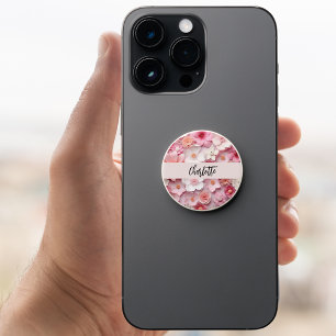 Pink white flowers name script PopSocket