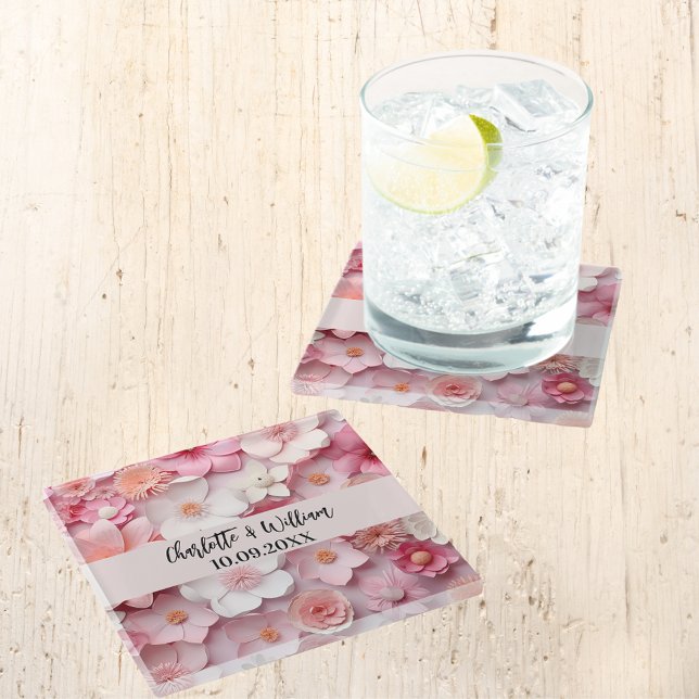 Pink white flowers names wedding glass coaster (Creator Uploaded)
