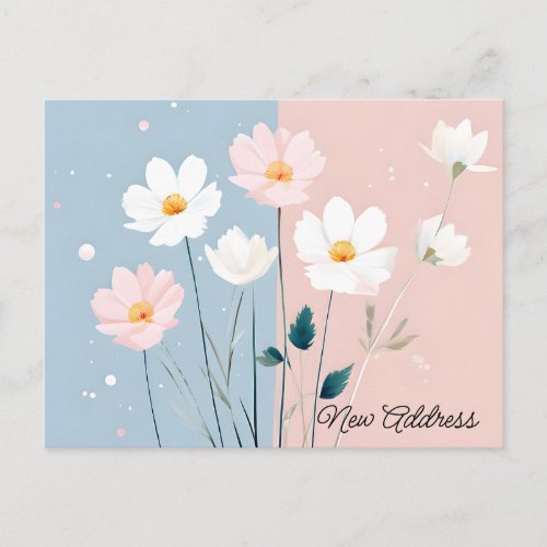 Pink  White Flowers on Blue  Pink New Address Postcard