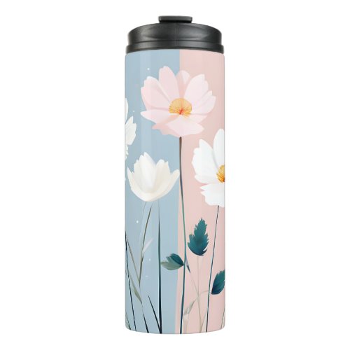 Pink  White Flowers on Blue  Pink Thermal Tumbler