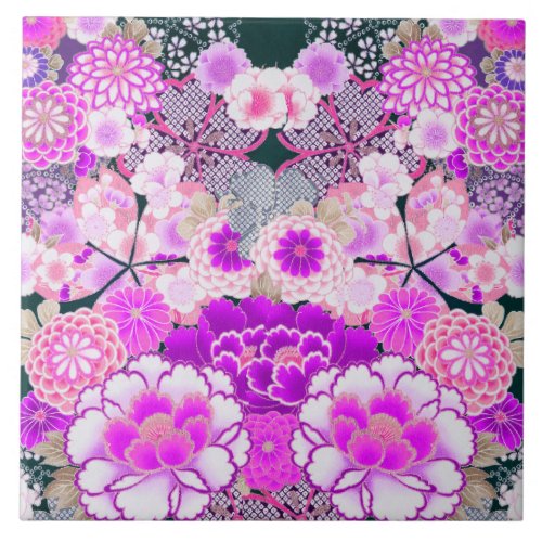 PINK WHITE FLOWERS PeonyRoses Japanese Floral  Ceramic Tile