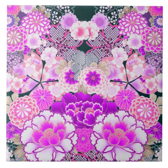 PINK WHITE FLOWERS Peony,Roses Japanese Floral  Ceramic Tile (Front)
