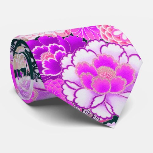 PINK WHITE FLOWERS PeonyRoses Japanese Floral Nec Neck Tie