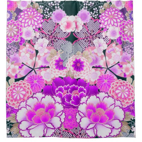 PINK WHITE FLOWERS PeonyRoses Japanese Floral Shower Curtain