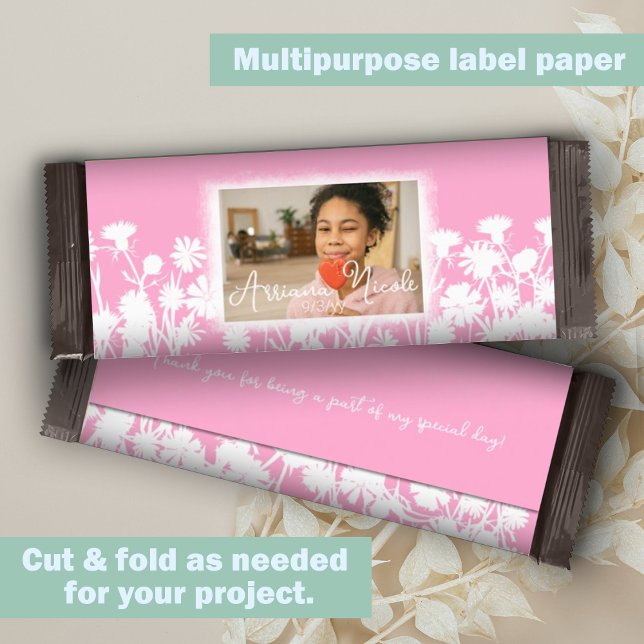 Pink White Flowers Personalized Candy Bar Wrapper (Pink, white botanical wild flowers bat mitzvah personalized chocolate bar wrapper DIY cheap budget)