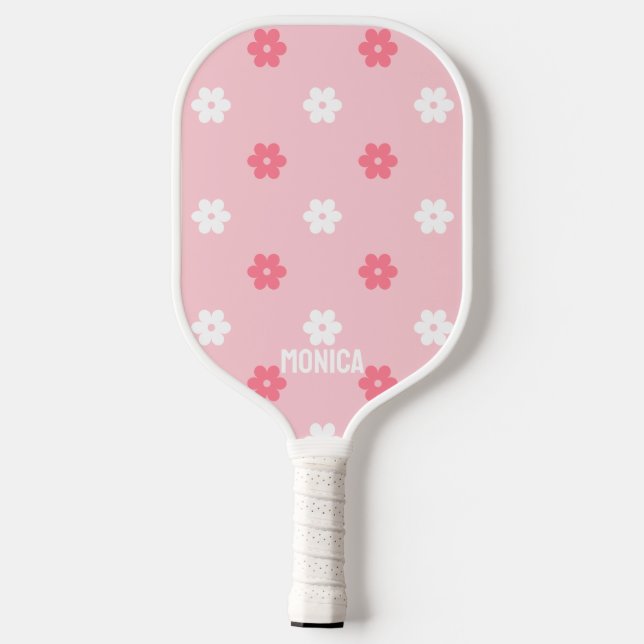  Pink &White  Flowers Personalized script Name Carbon Fiber Pickleball Paddle (Back)