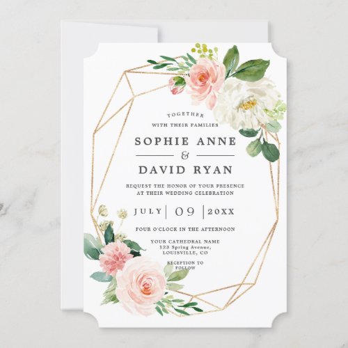 Pink White Flowers Rose Gold All In One Wedding Invitation