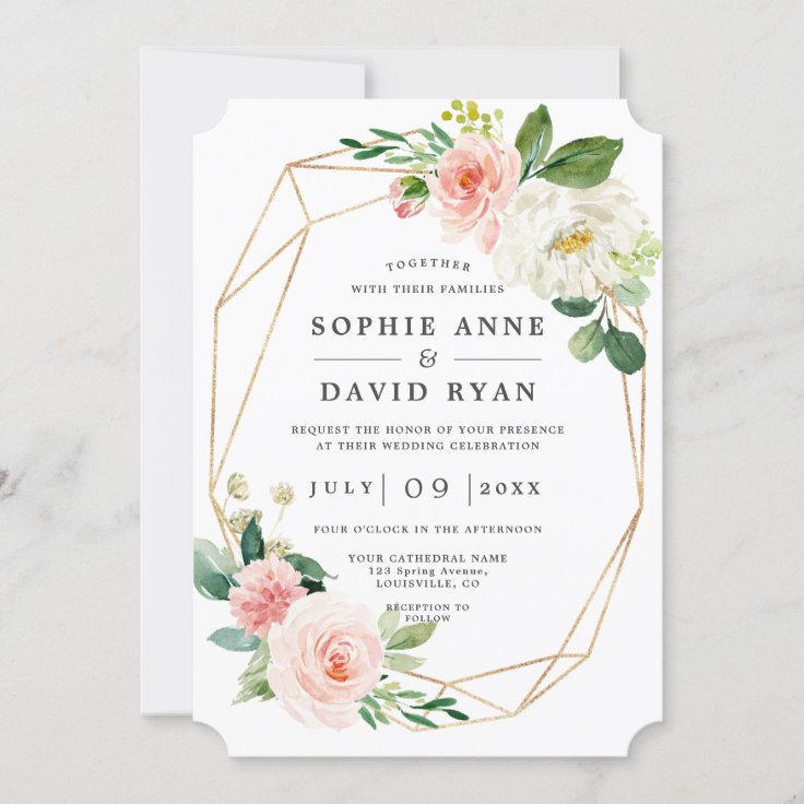 Pink White Flowers Rose Gold All In One Wedding Invitation | Zazzle