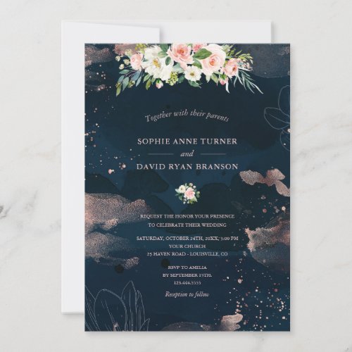 Pink White Flowers Rose Gold Navy Blue Wedding Invitation