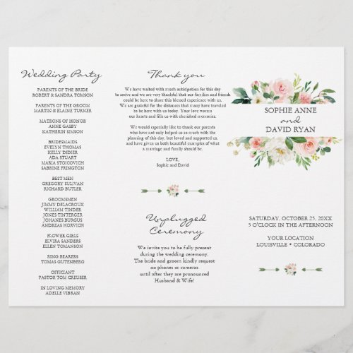 Pink White Flowers TriFold Wedding Program Flyer