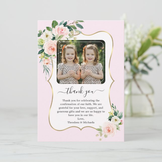 Pink White Flowers Twin Girls Photo Confirmation  Thank You Card (Standing Front)