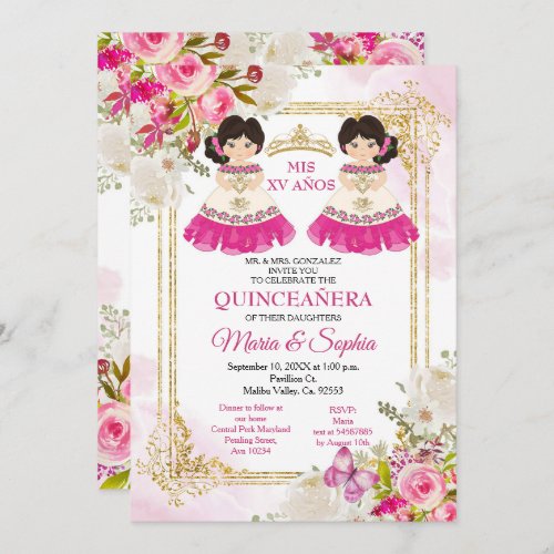 Pink  White Flowers Twin Quinceanera  Invitation