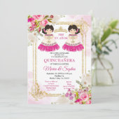 Pink & White Flowers Twin Quinceanera  Invitation (Standing Front)