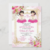 Pink & White Flowers Twin Quinceanera  Invitation (Front)