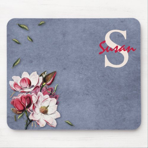 Pink  White Flowers With Monogram Stamped Blue Mouse Pad