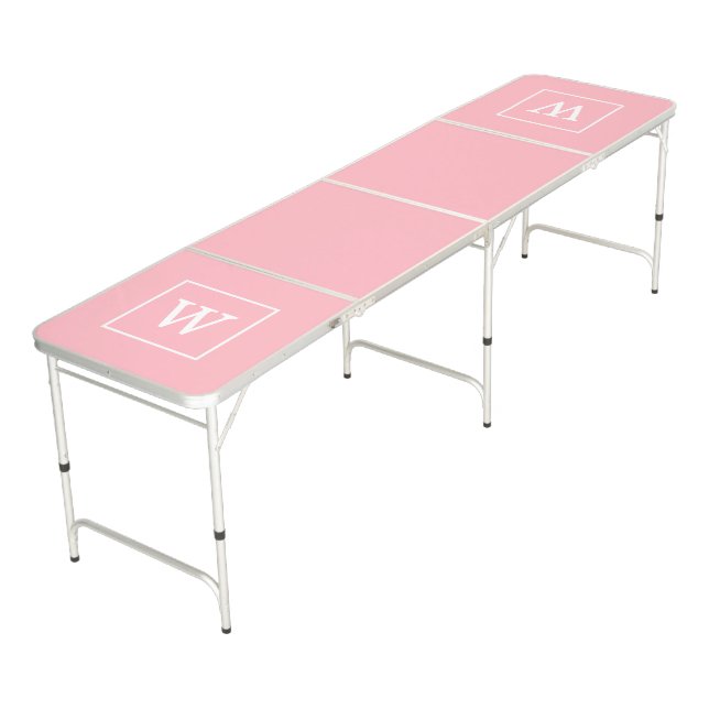 Pink White Framed Initial Monogram Beer Pong Table (Angled)