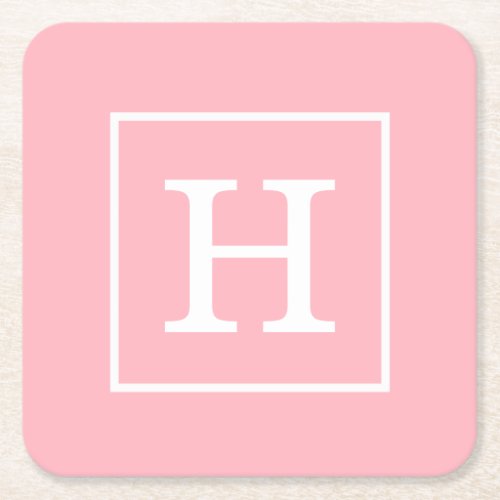 Pink White Framed Initial Monogram Square Paper Coaster