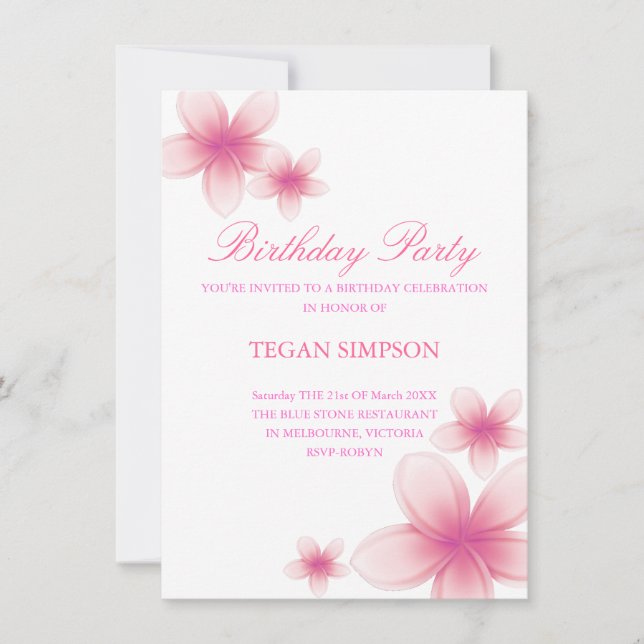 Pink & White Frangipani Birthday Invite (Front)