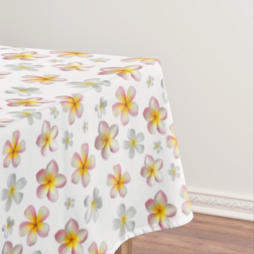 Pink  White Frangipani Plumeria Flowers on White Tablecloth