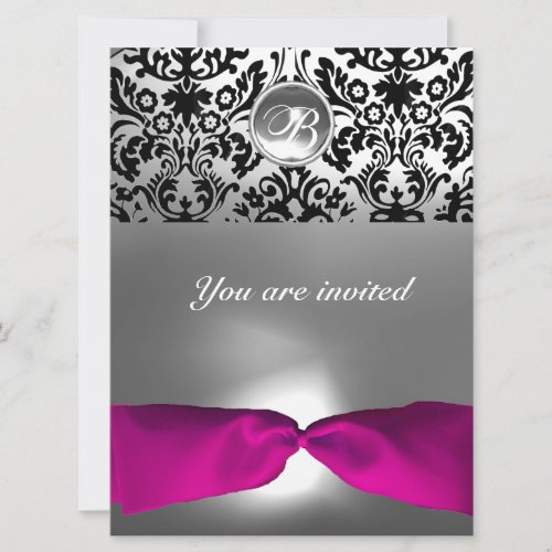 PINK WHITE FUCHSIA DAMASK GEM STONE MONOGRAM INVITATION