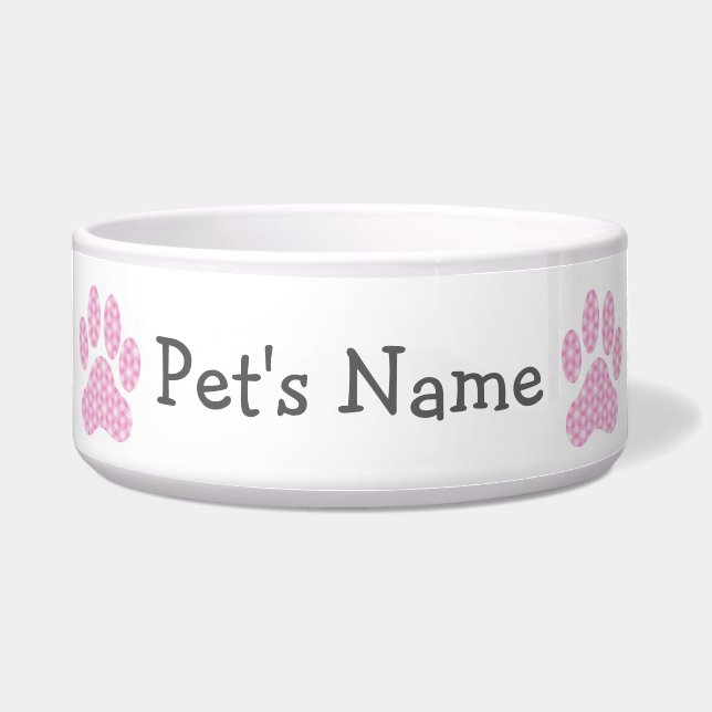Pink White Geometric Pattern Paw Print Bowl (Front)