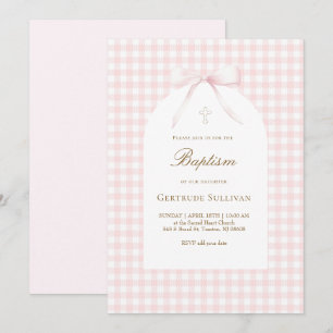 pink white gingham Baptism girl Invitation