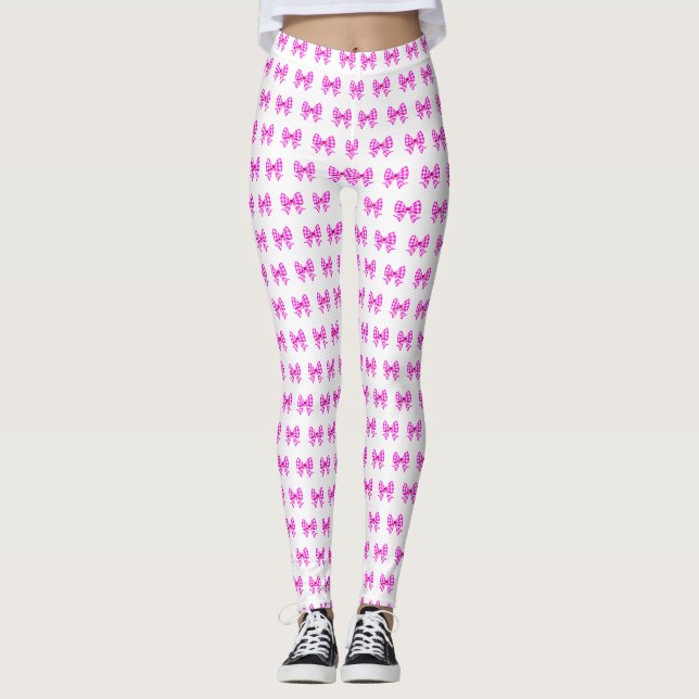 Pink-white gingham bow pattern leggings (Front)