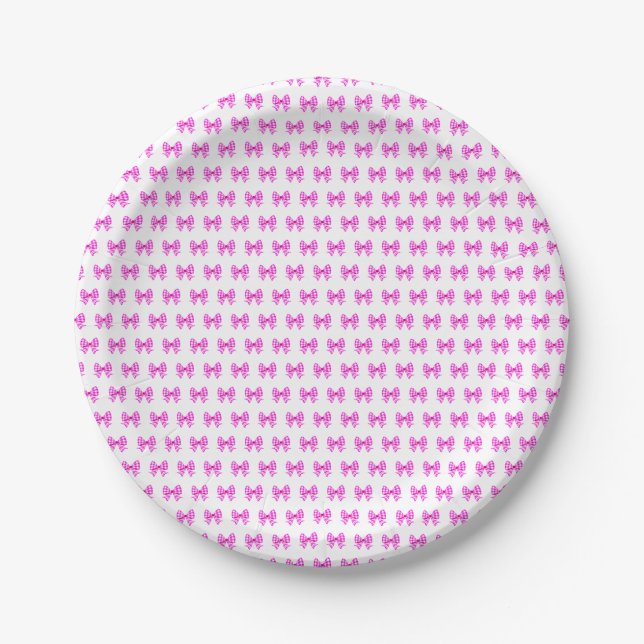 Pink-white gingham bow pattern paper plates (Front)