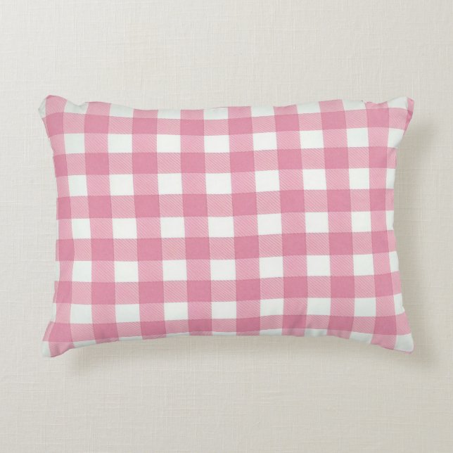 Pink White Gingham Buffalo Plaid Checked Bedroom Accent Pillow (Front)