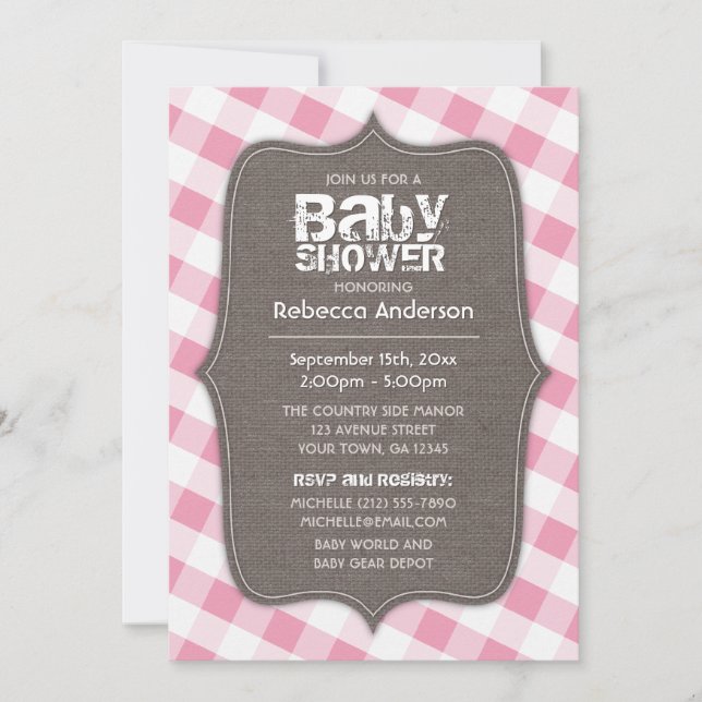 Pink & White Gingham Canvas Baby Shower Invitation (Front)