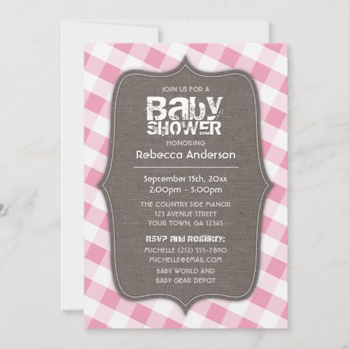 Pink  White Gingham Canvas Baby Shower Invitation