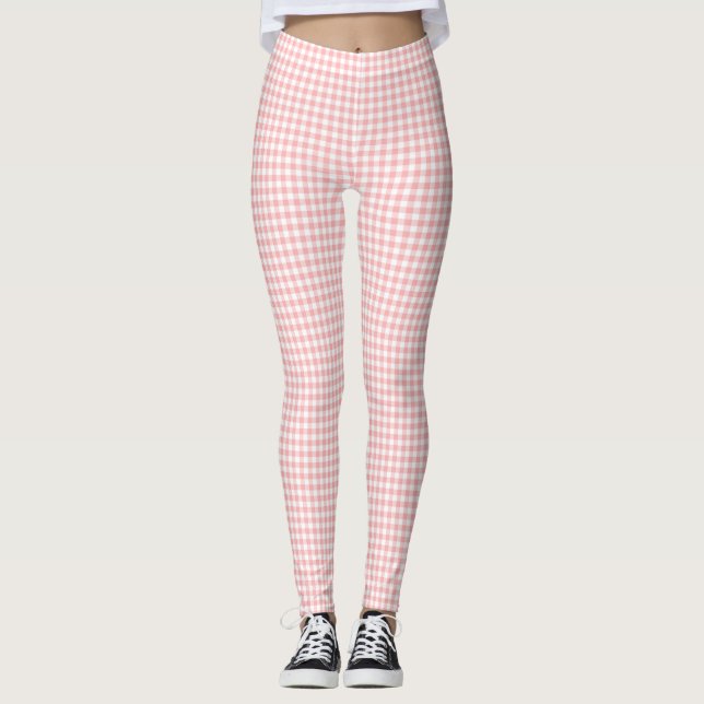Pink White Gingham Check  Leggings (Front)
