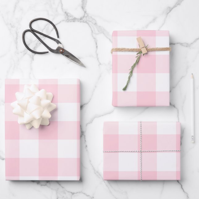 Pink White Gingham Check Plaid Wrapping Paper Sheets (Front)