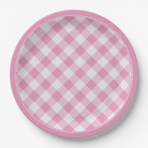 PinkWhite Gingham Checks Pattern Simple Plaid Paper Plates