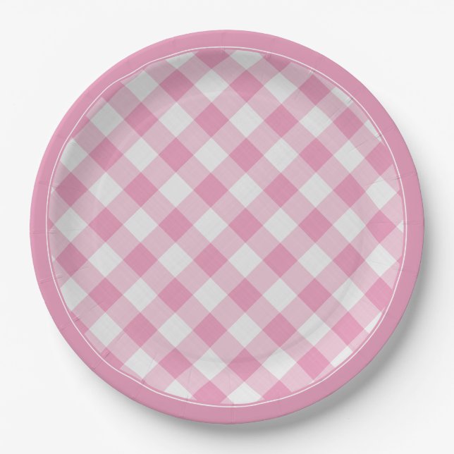 Pink/White Gingham Checks Pattern Simple Plaid Paper Plates (Front)