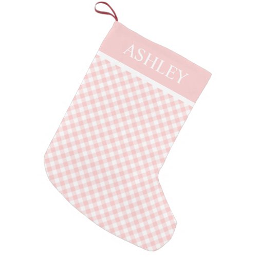 Pink White Gingham Custom Name Small Christmas Stocking