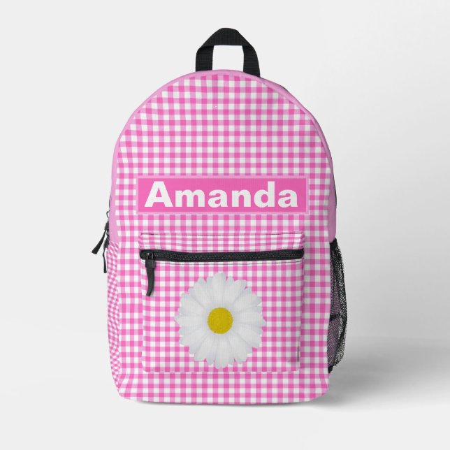 Pink White Gingham Personalized Girls  Printed Backpack (Front)