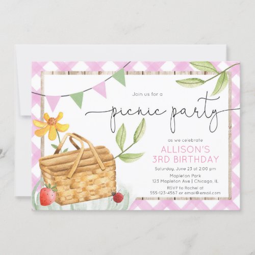 Pink white gingham Picnic Party birthday party Invitation