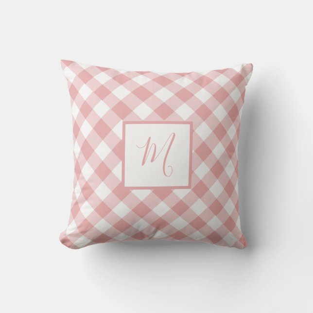 Pink White Gingham Plaid Modern Chic Monogram Throw Pillow (Front)