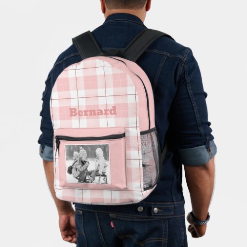 Pink White Gingham Plaid Pattern Name and Photo Printed Backpack