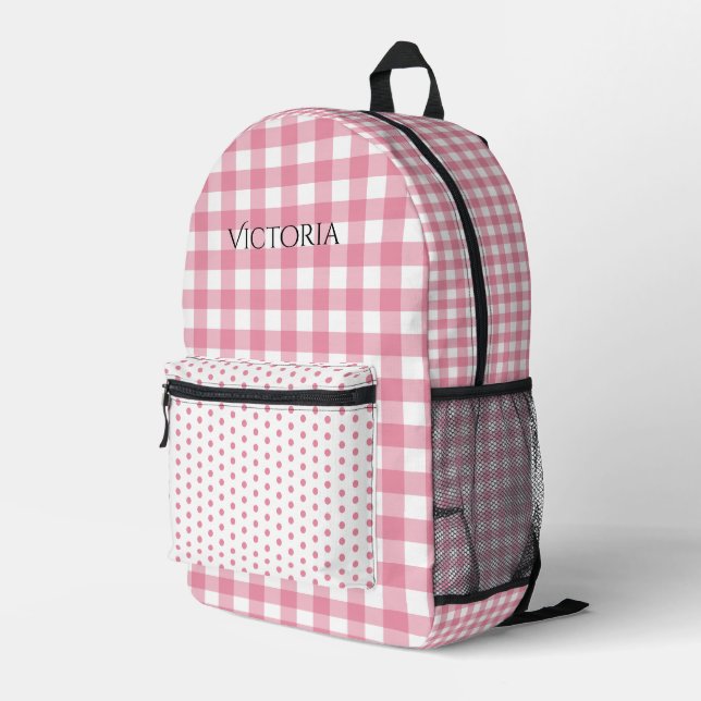 Pink White Gingham Polkadot Personalized  Printed Backpack (Back Corner Right)