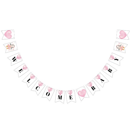 Pink White Girl Baby Shower Penguin Bunting Flags