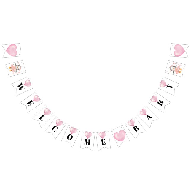 Pink White Girl Baby Shower Penguin Bunting Flags (All)