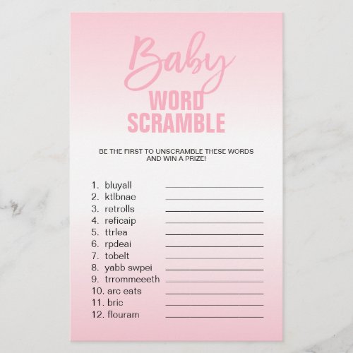 Pink White Girl Baby Shower WORD SCRAMBLE Flyer