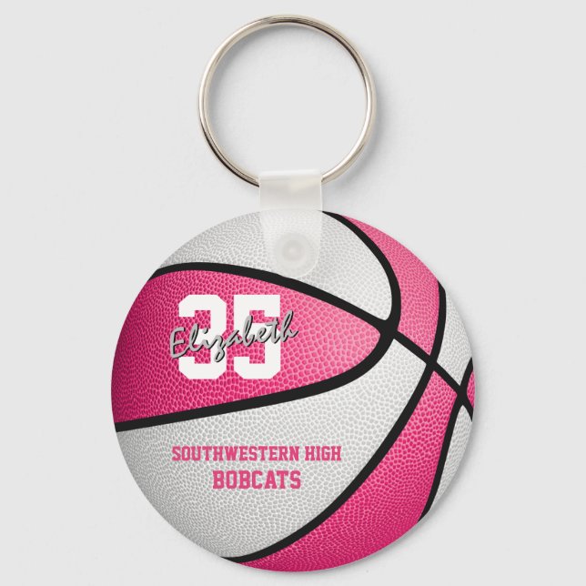 pink white girl's basketball gifts w team name keychain (Front)