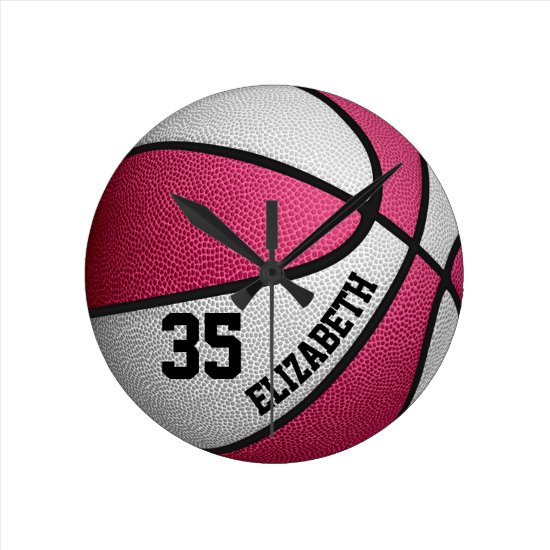 pink white girls basketball personalized round clock