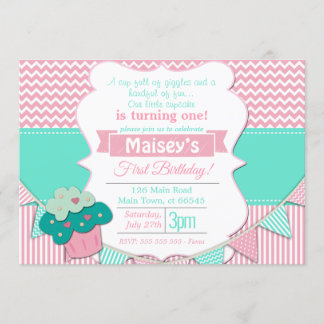 Pink & White Girls Cupcake Blackboard 1st Birthday Invitation