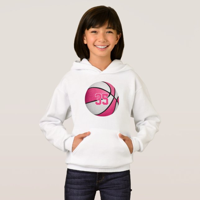 pink white girls jersey number basketball hoodie (Front Full)