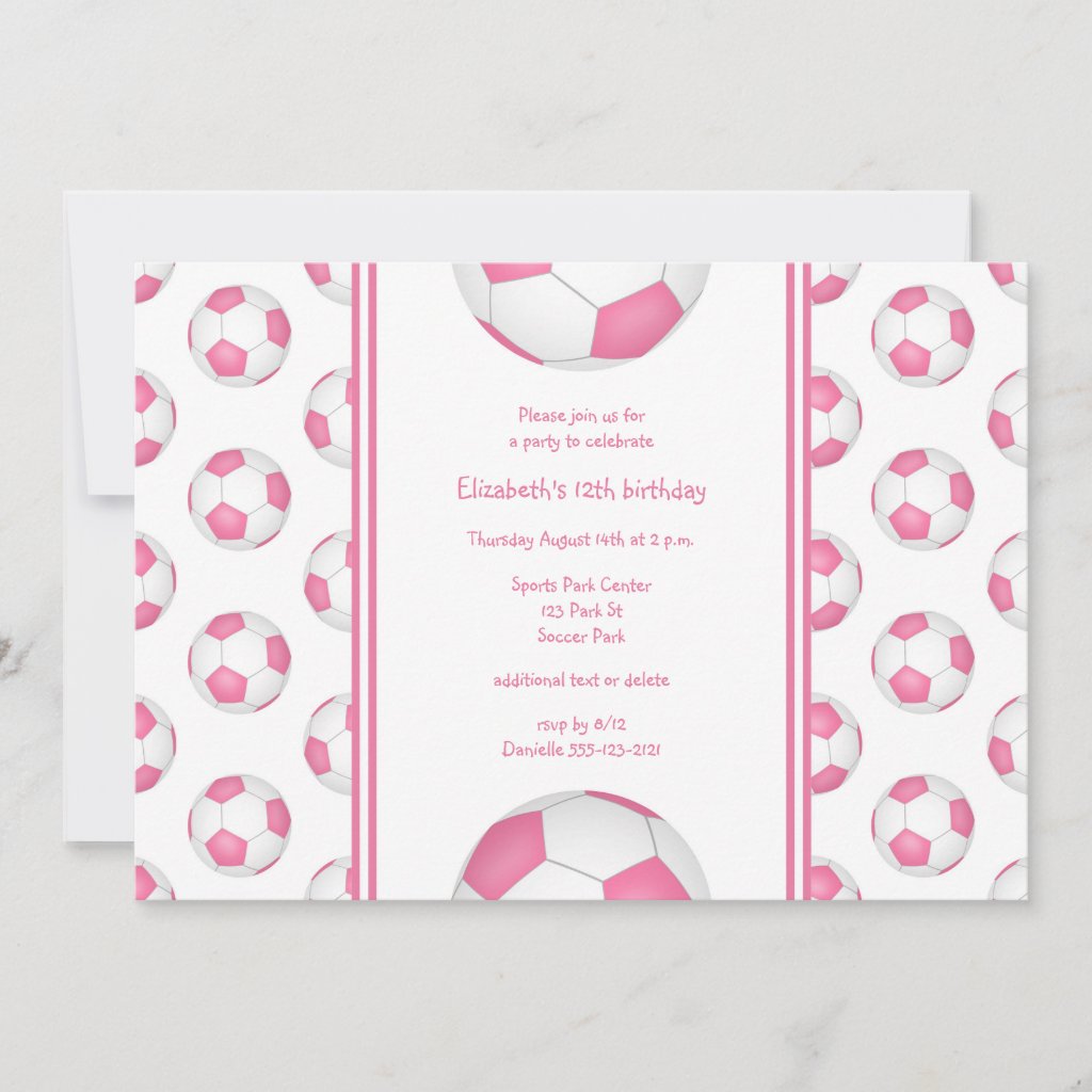 pink white girl's soccer birthday or team party invitation