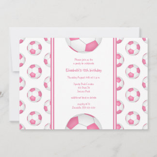 pink white girl's soccer birthday or team party invitation